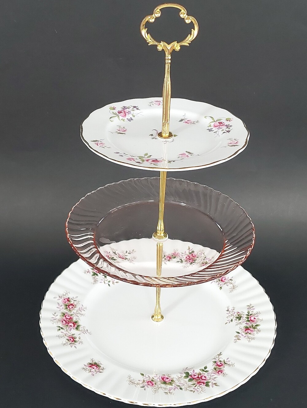 Vintage Bone China & Pink Glass 3 Tier Cake Stand Handmade Dessert Tower